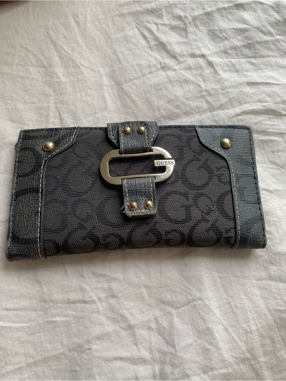 Y2K Guess Black Logo Jacquard Continental Wallet with Silver Hardware